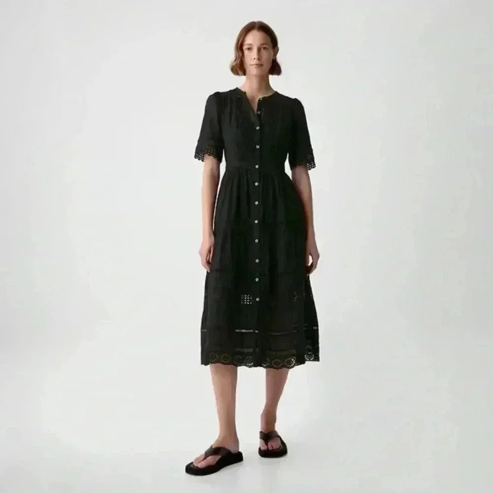 GAP Black Button-Front Midi Dress with Eyelet Detail